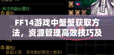FF14游戏中蟹蟹获取方法，资源管理高效技巧及避免浪费的全面策略