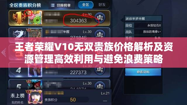王者荣耀V10无双贵族价格解析及资源管理高效利用与避免浪费策略